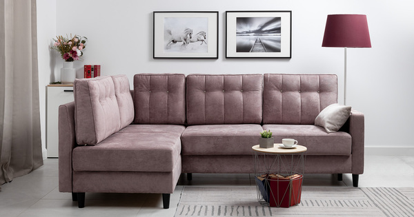 Диван-кровать угловой Арно ТД 567 велюр Лаки 17 пепел розы, Vertical 910 молочно-серый, сборка на любую сторону