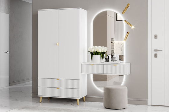 Прихожая Дакота композиция 2 меренга, белый, с пуфом Альба 450 велюр ультра смог/ultra smoke