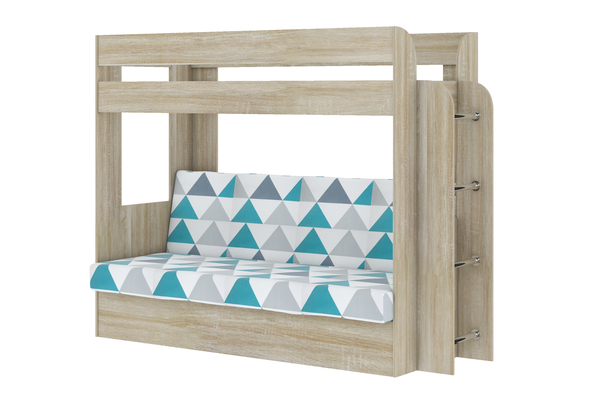 Кровать детская двухъярусная Карамель 75 Дуб Сонома, диван - велюр NILS MINT бирюзовые треугольники (сборка на любую сторону) спальное место верх 80х190, низ 120х185