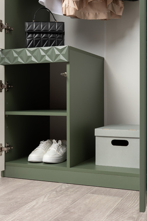 Шкаф для одежды Марион 16.340.03 дымчатый зеленый K521, олива шагрень AG 1050 ПВХ (собирается на любую сторону)