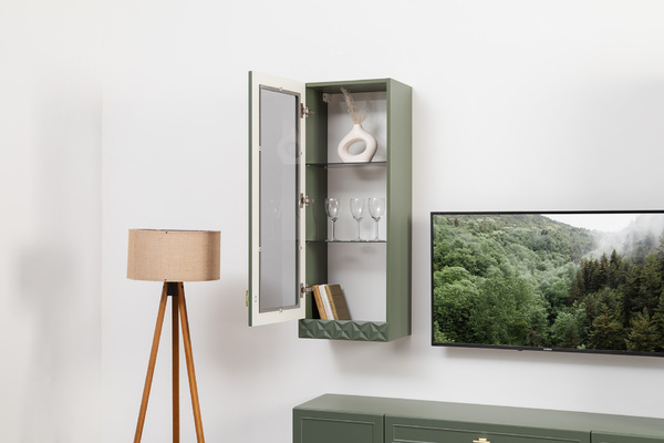 Шкаф навесной Марион 16.334 дымчатый зеленый K521, олива шагрень AG 1050 ПВХ (собирается на любую сторону)