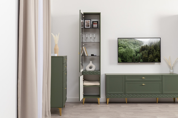 Гостиная Марион композиция 1 дымчатый зеленый K521, олива шагрень AG 1050 ПВХ, белый PE шагрень (собирается на любую сторону)