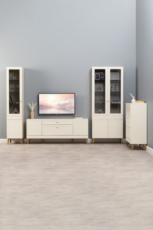 Гостиная Марион композиция 2 слоновая кость С341 PE, слоновая кость 6898 ПВХ, белый PE шагрень (собирается на любую сторону)