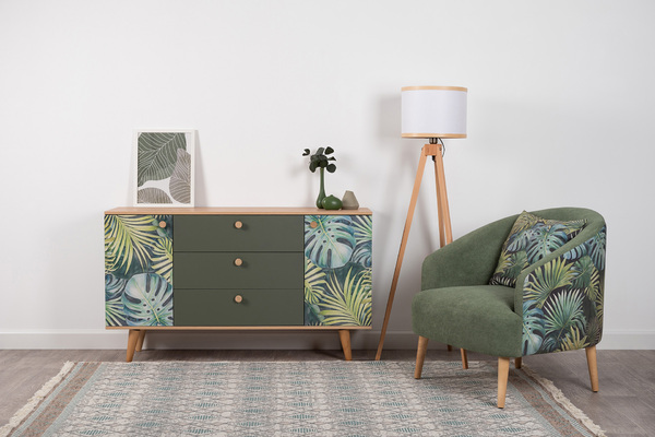 Комод Маттиас 16.245 дымчатый зеленый K521, гикори рокфорд натуральный KO86 PW, белый PE шагрень, фотопечать