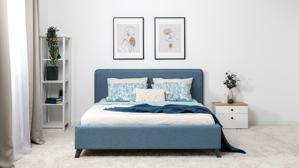 Кровать Миа 160 рогожка светло-синий, кант желтовато-коричневый с ортопедическим основанием и подъемным механизмом